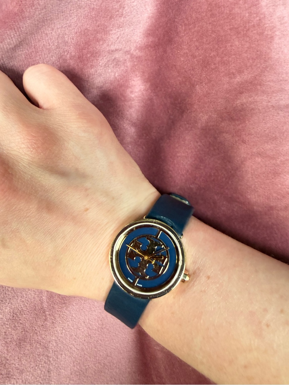 Tory Burch Reva Logo Navy Blue Leather Gold Swiss Watch